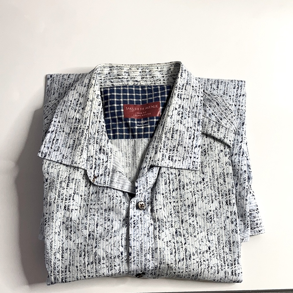 Blue and white patterned dress shirt